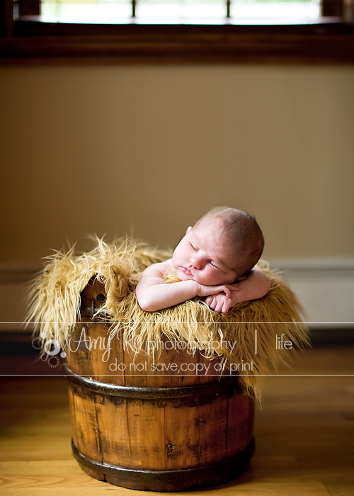 Sleeping newborn in bucket, Massachusetts Newborn Photography