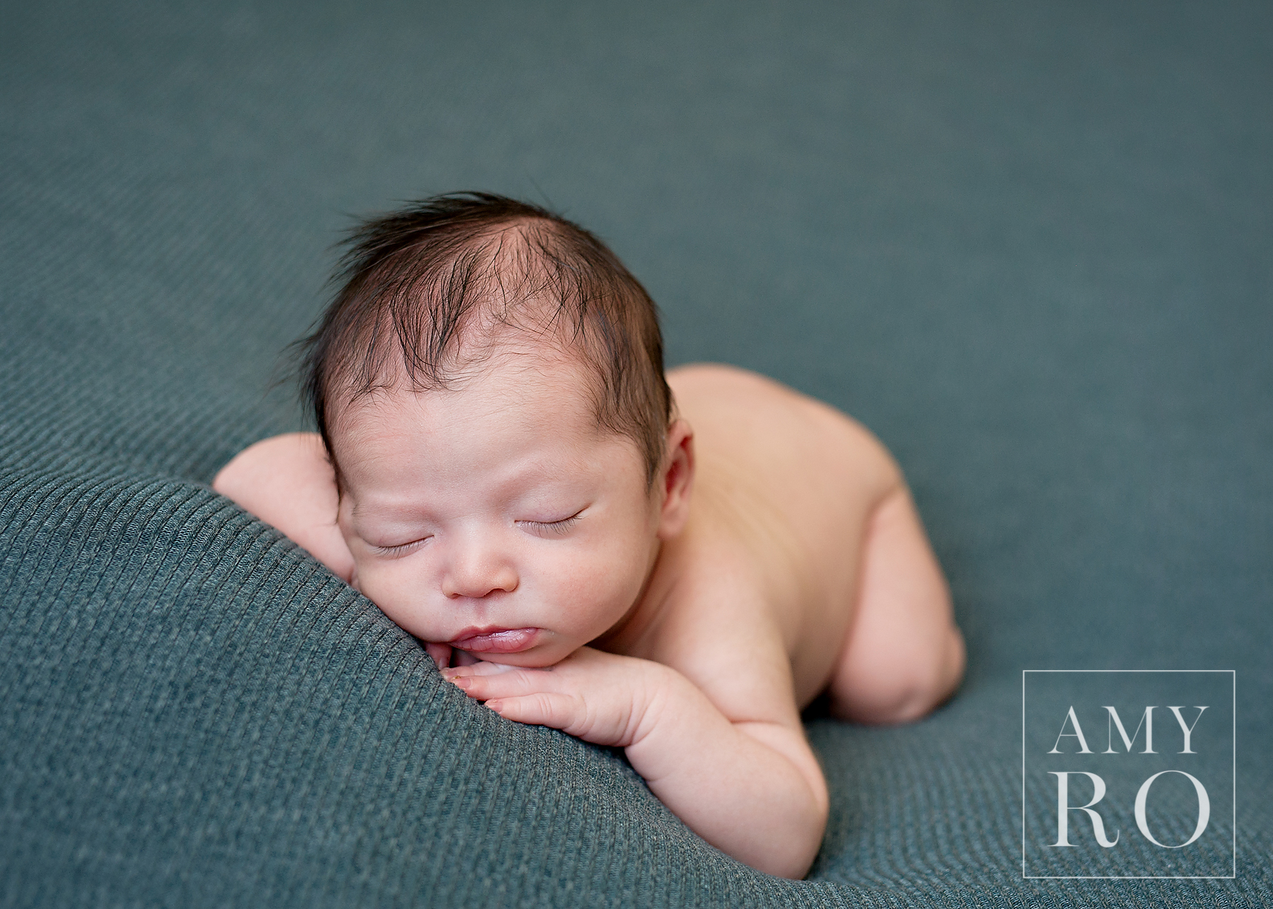 Newborn boy on forest blue blanket, sleeping taken during a Massachusetts Newborn session