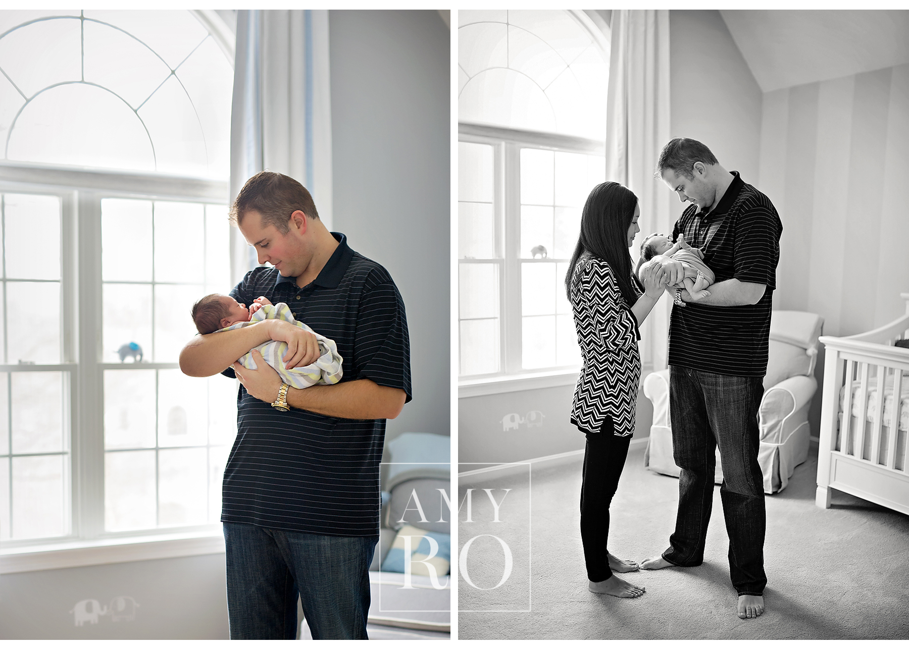 Grey and blue elephant nursery images with dad and mom and newborn baby boy,