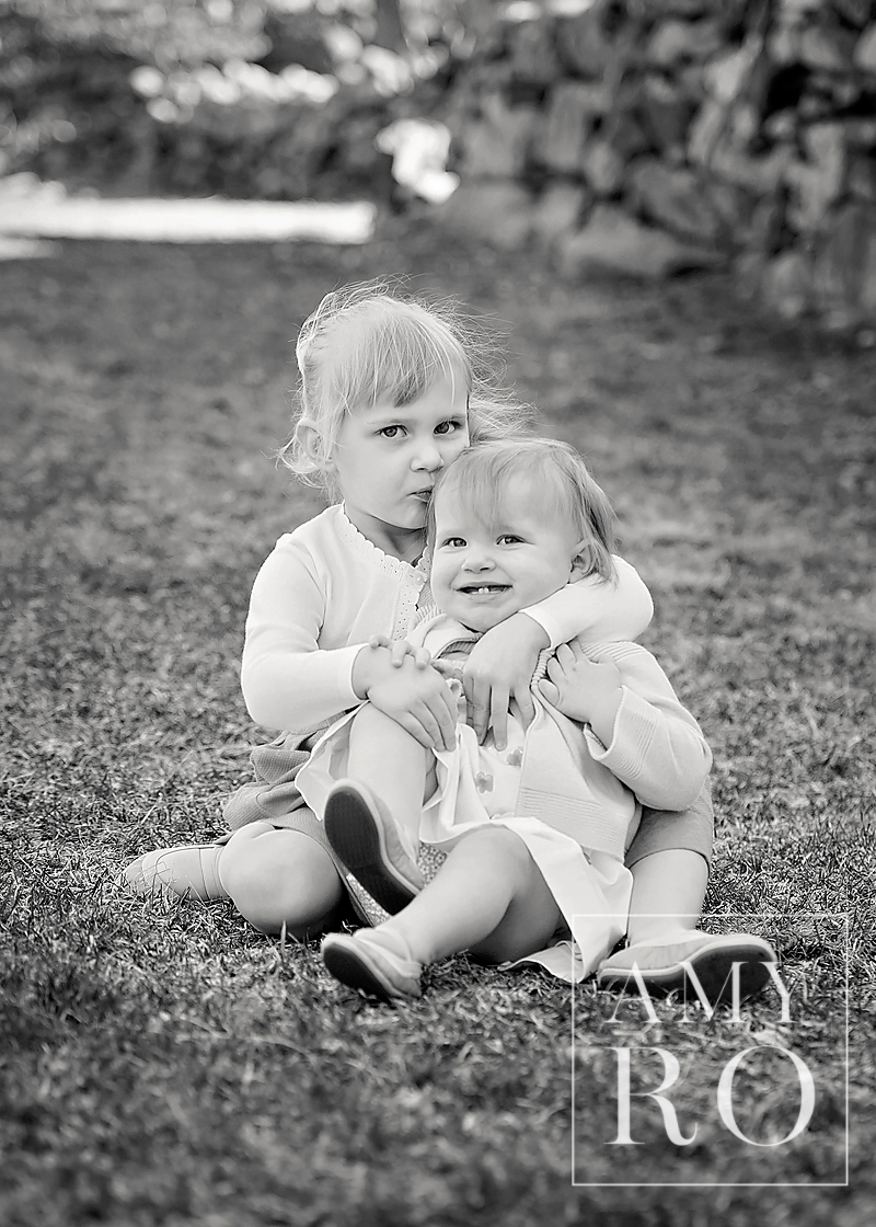 Toddler sisters sitting in the grass giving kisses during a family session in Massachusetts