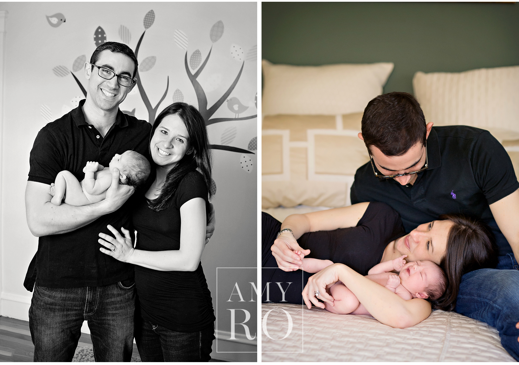 Family images taken during a lifestyle newborn session in Rhode Island, one bed and in nursery