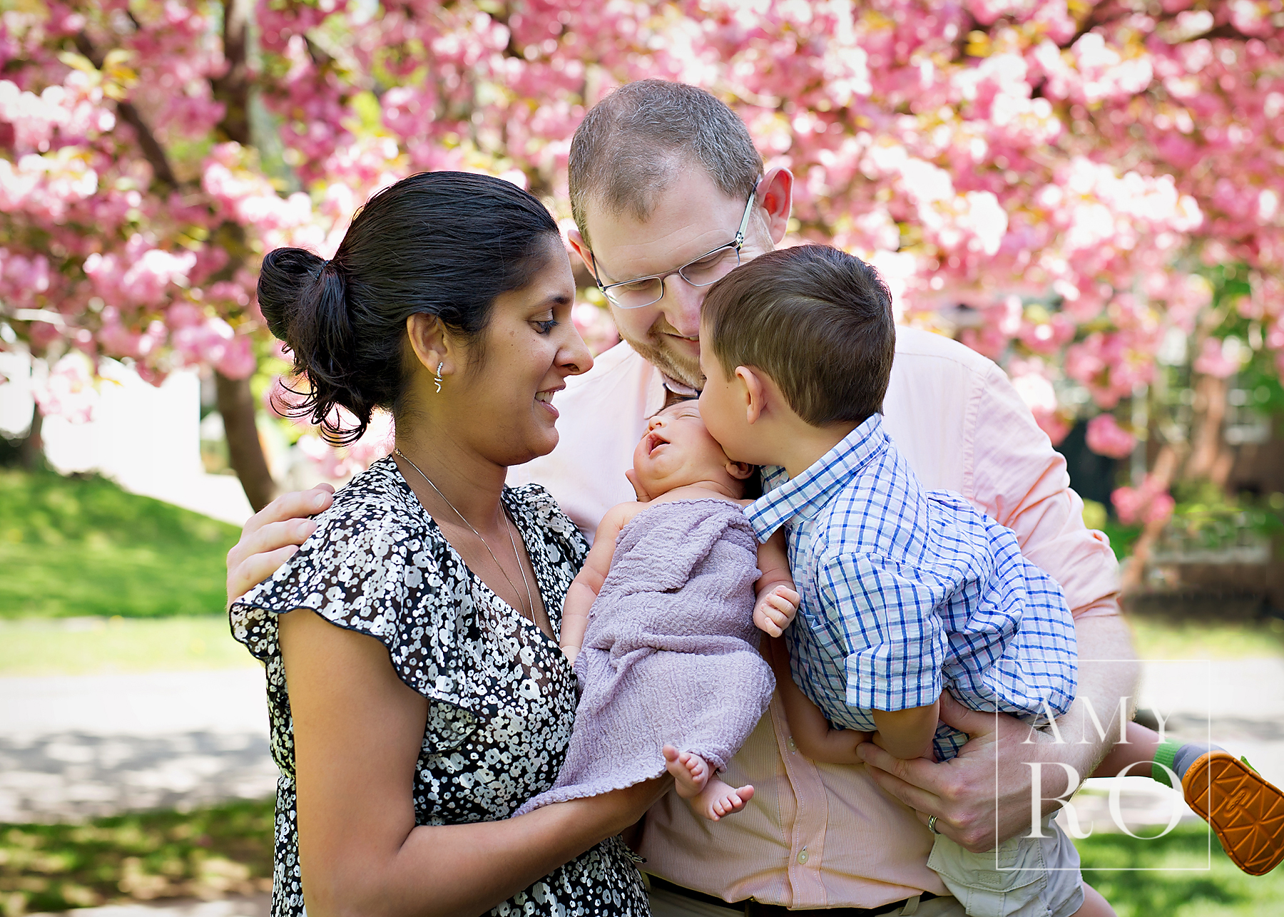 Family image during a newborn session in front of a Japanese Cherry tree with brother kissing sibling