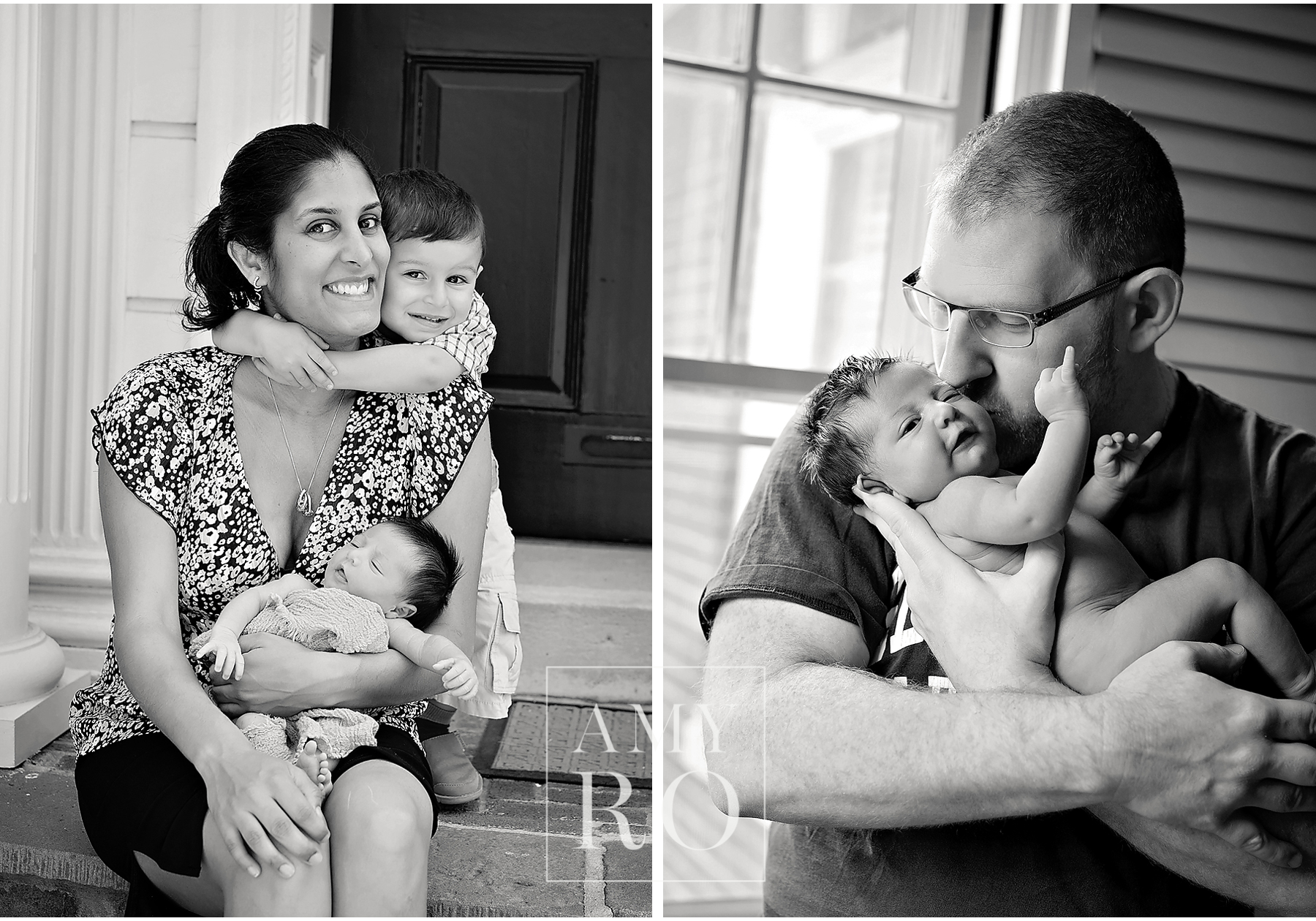 Black and white images of parents with newborn during a newborn lifestyle session