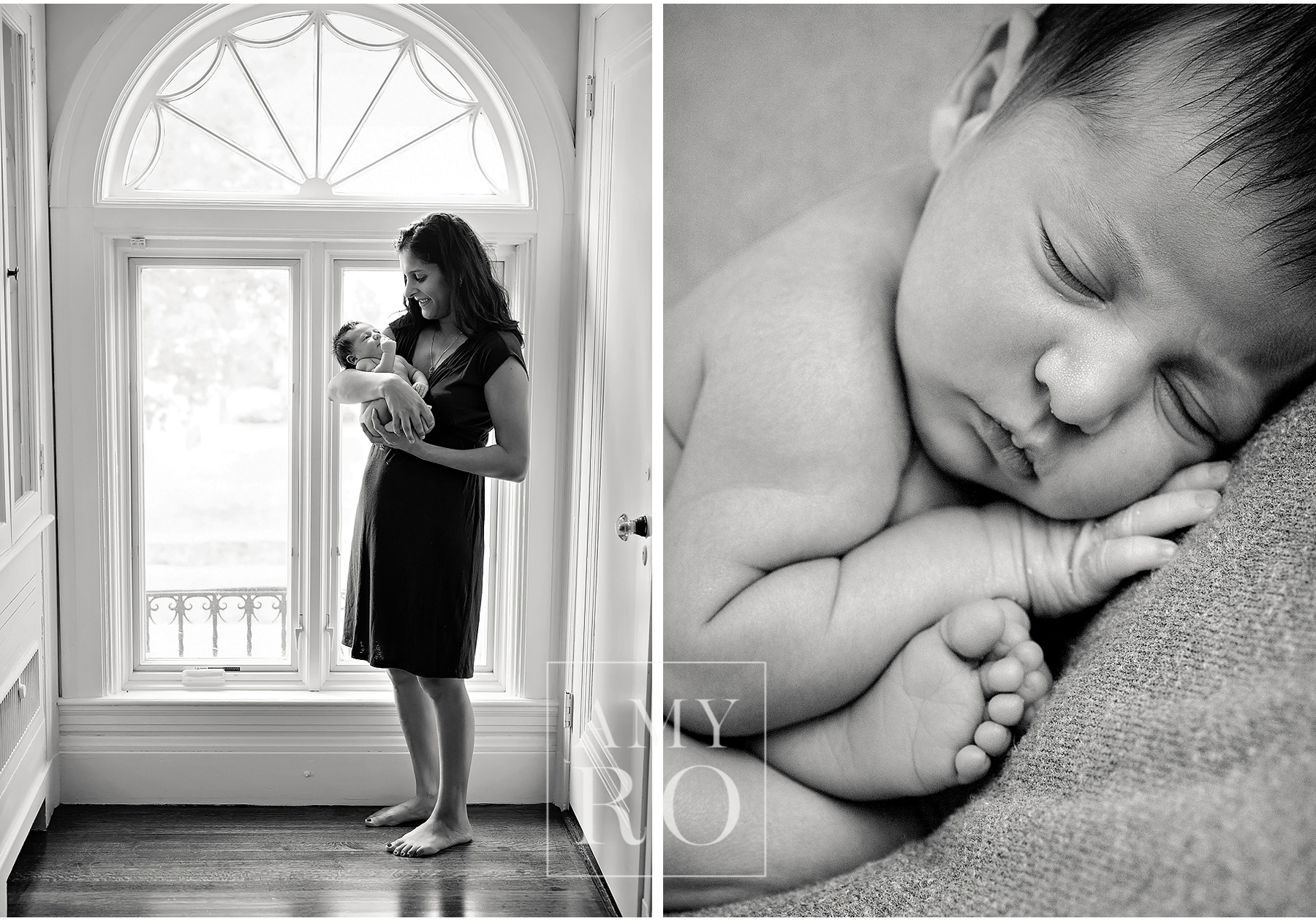 Beautiful black and white image of mom looking at newborn daughter in front of a palladium window and close up shot of newborn in taco pose with toes