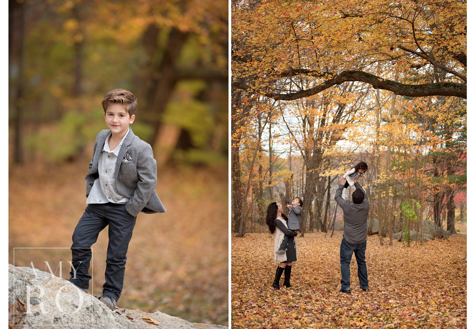 Two image of family in the fall leaves during a session in Rhode Island