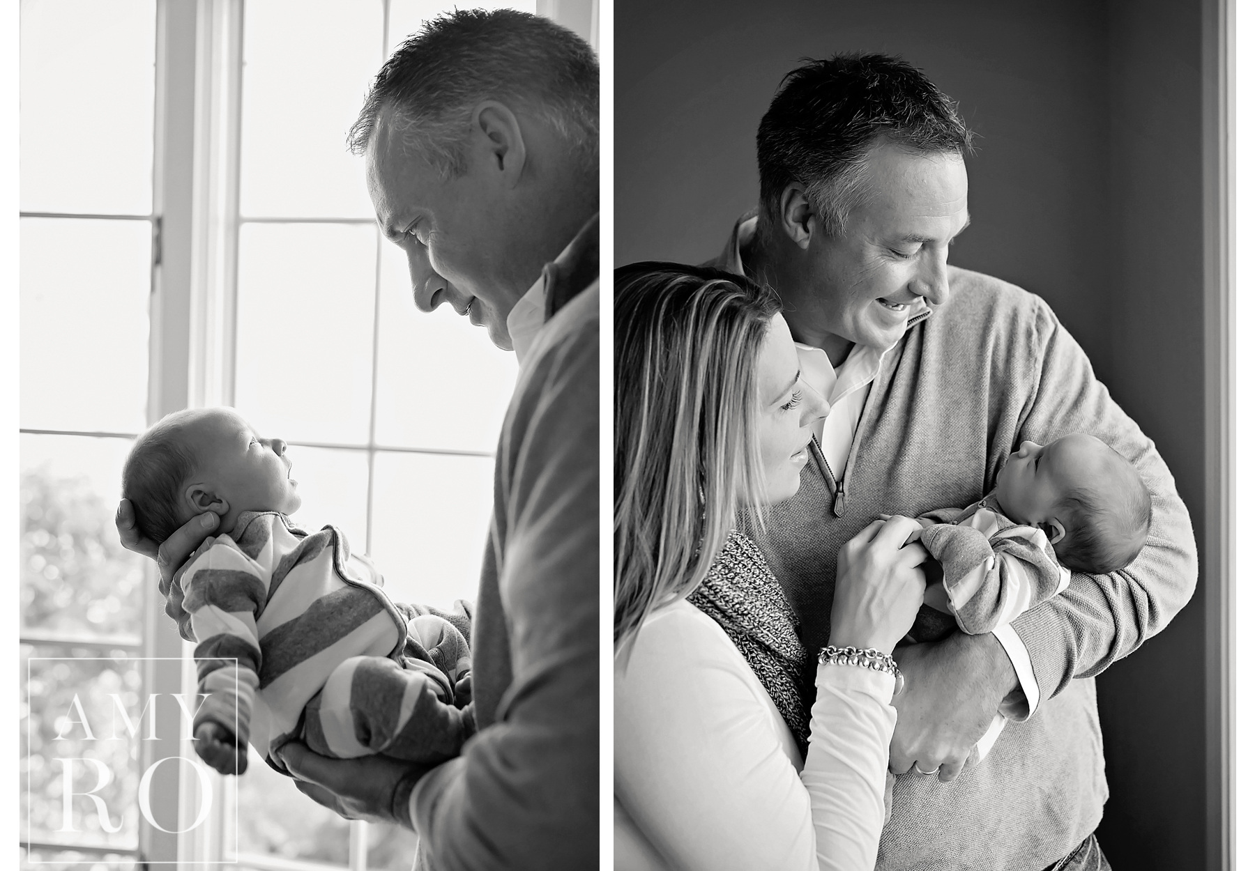 Black and white images of parents with newborn baby boy during lifestyle newborn session in Rhode Island