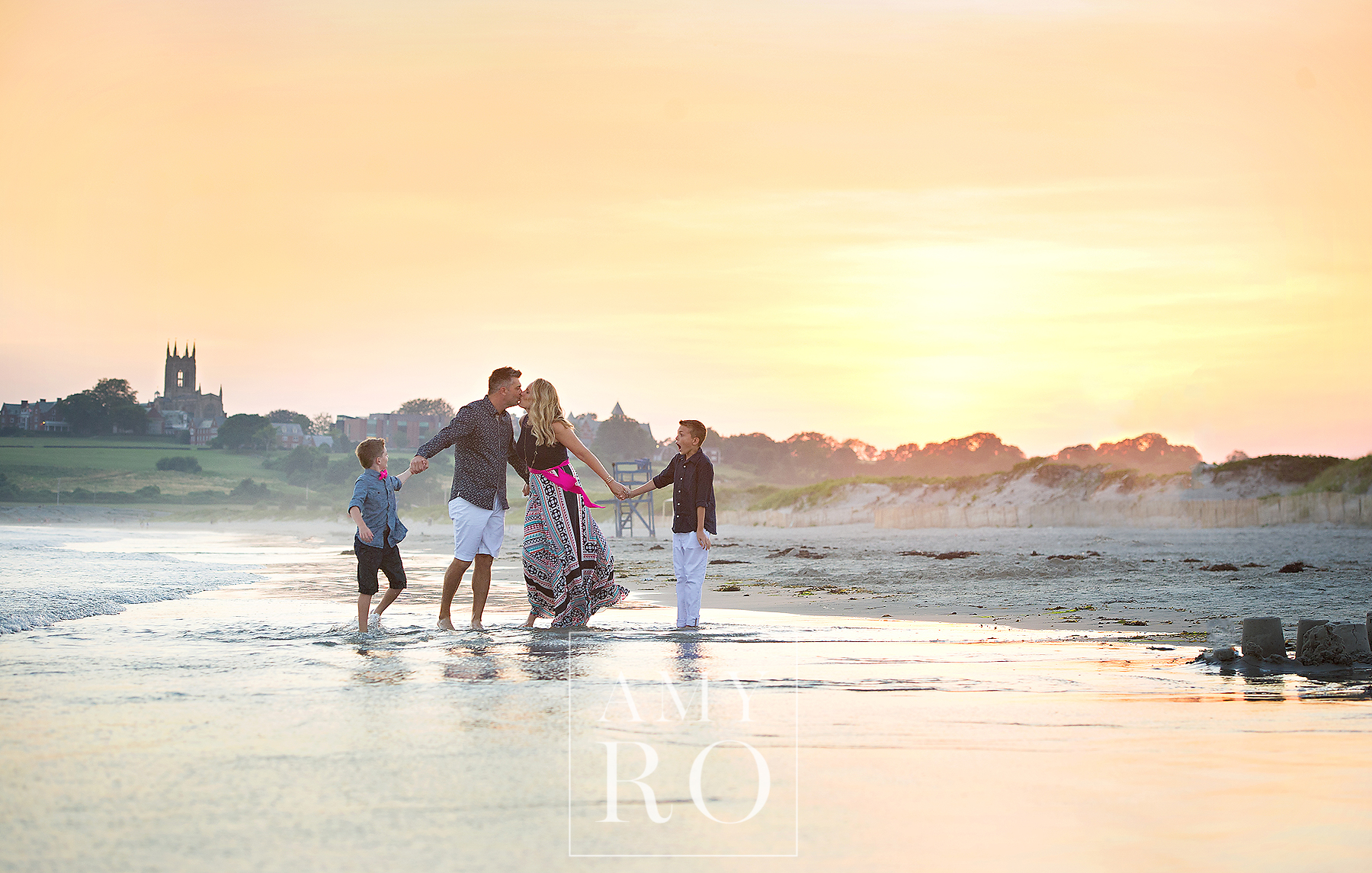 FAmily photo on sachuest beach newport during sunset